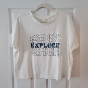 LuLaRoe White Tee with Navy "EXPLORE" Graphic